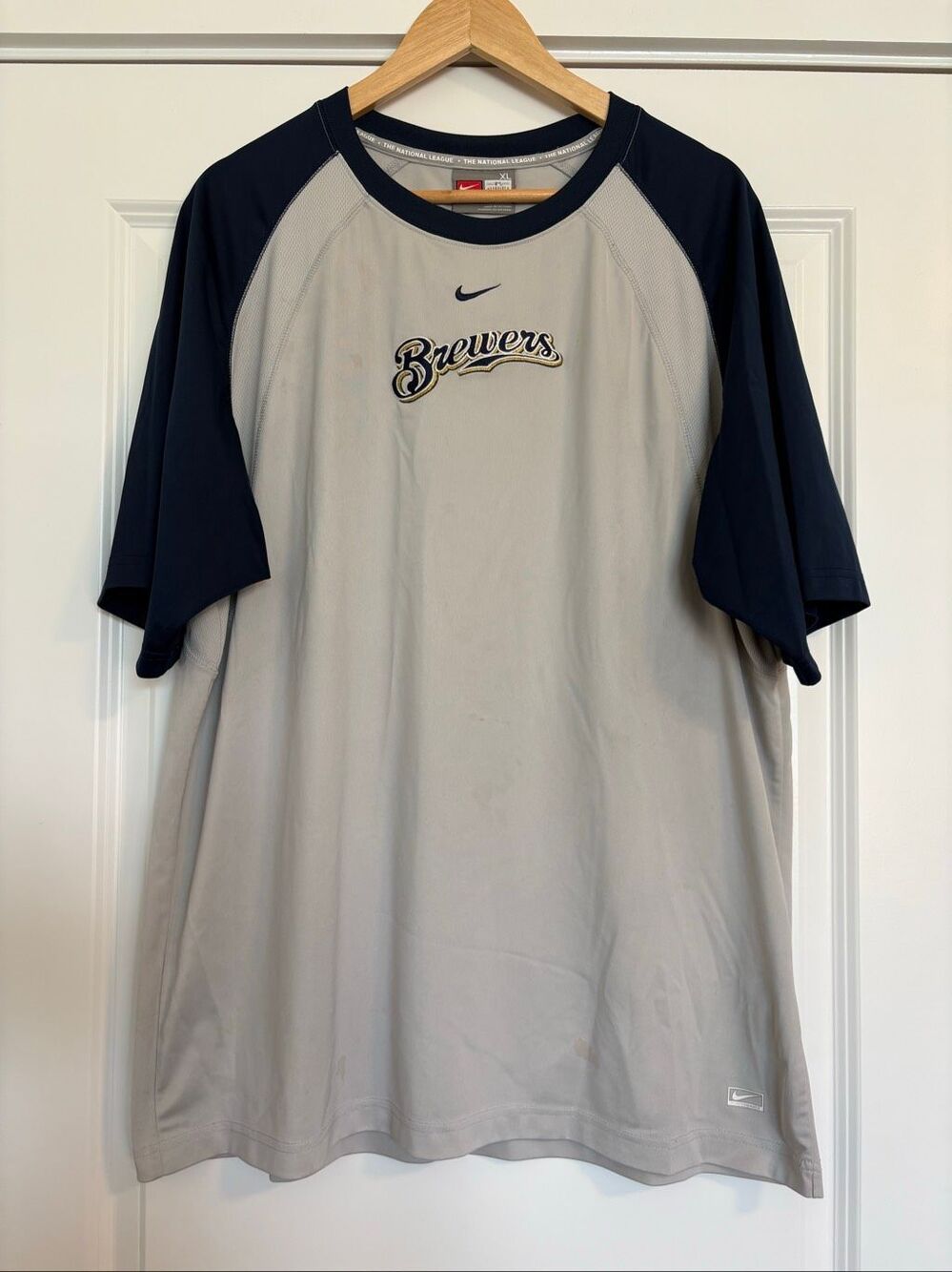 Nike Shirt Men's Short Sleeve MLB Milwaukee Brewers Crew Neck Gray Blue XL